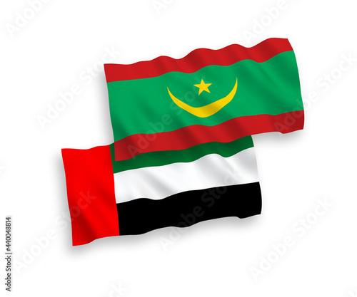 National vector fabric wave flags of Islamic Republic of Mauritania and United Arab Emirates isolated on white background. 1 to 2 proportion.