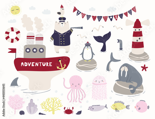 Sea, ocean clipart set, bear sailor, ship, lighthouse, animals, fish, corals, isolated on white. Hand drawn vector illustration. Scene creator. Scandinavian style flat design. Concept for kids print