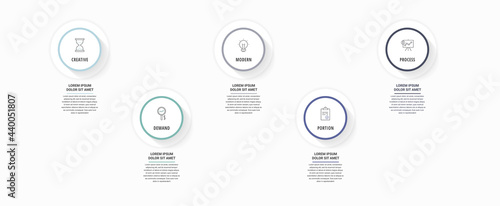 Modern vector infographics with five circles. Business template with 5 steps for diagram, web, banner, presentations, flowchart, content, levels, chart, graphic, timeline