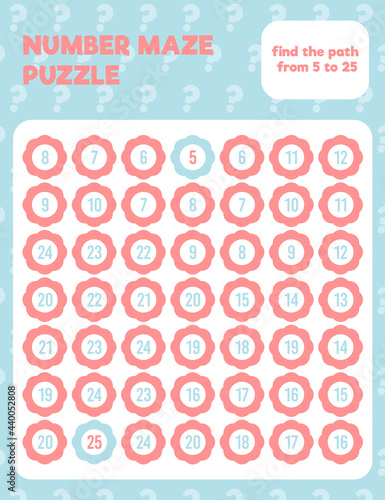 Math number maze puzzle. Prinatble math worksheet page. Easy colorful math worksheet practice for kids in preschool, elementary and middle school.