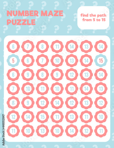 Math number maze puzzle. Prinatble math worksheet page. Easy colorful math worksheet practice for kids in preschool, elementary and middle school.
