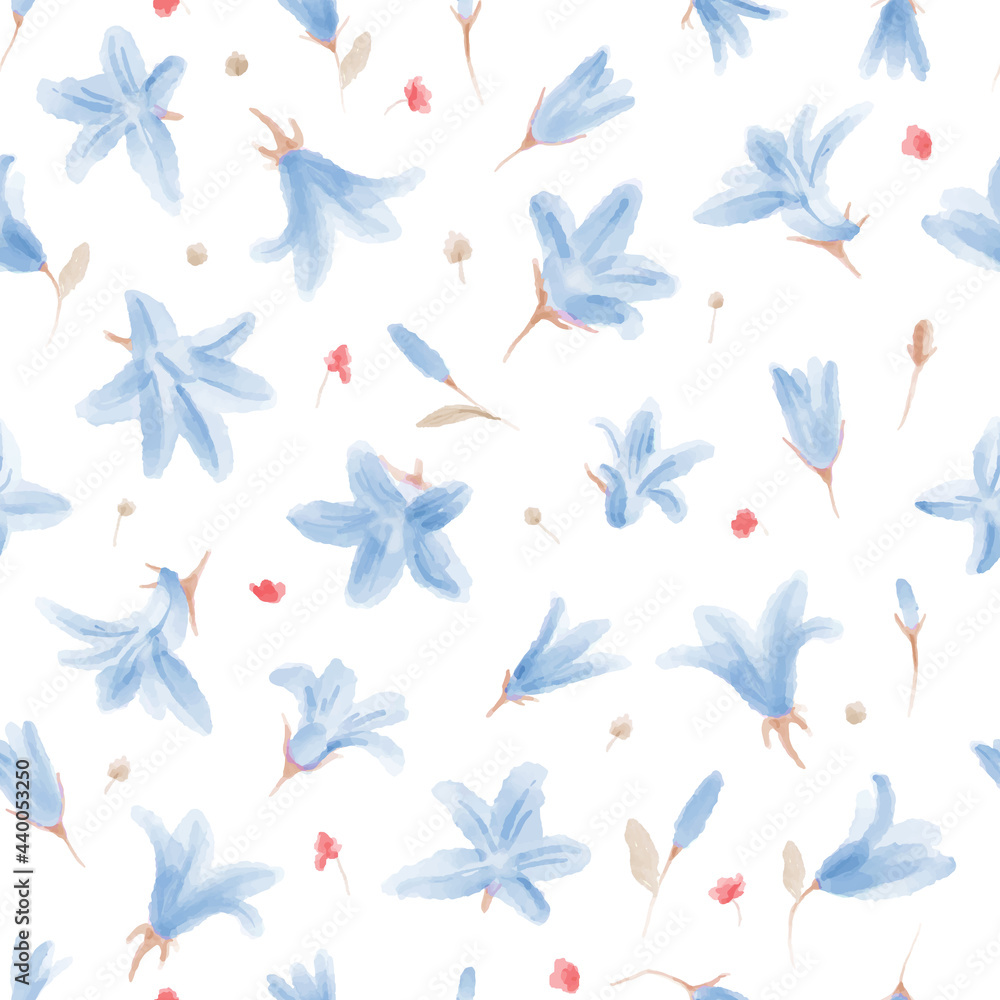 Cute and simple botanical seamless pattern, wild meadow flowers bells. Watercolor hand painted floral background with leaves, flowers and herbs Cute and simple botanical seamless pattern, wild meadow flowers bells. Watercolor hand painted floral background with leaves, flowers and herbs