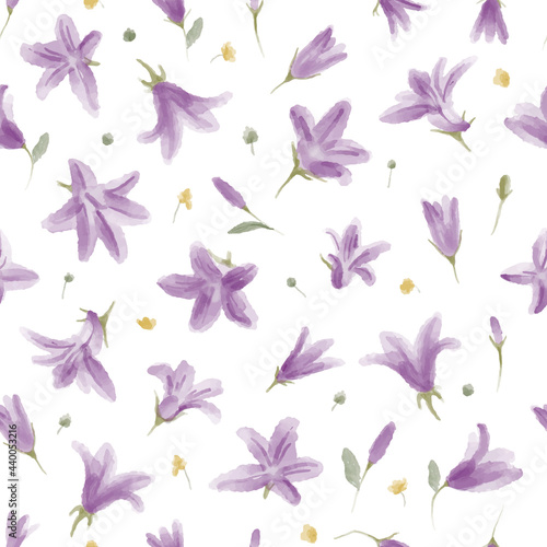 Cute and simple botanical seamless pattern, wild meadow flowers bells. Watercolor hand painted floral background with leaves, flowers and herbs