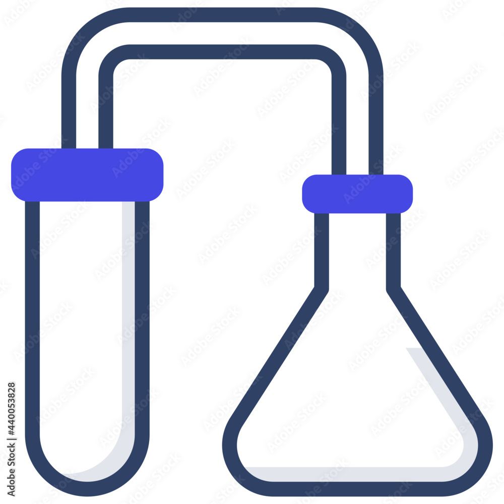 Flask connected with test tube, flat design of chemical experiment Flask connected with test tube, flat design of chemical experiment