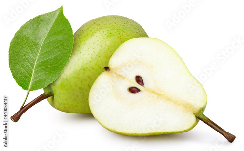 Ripe whole pear fruit with green leaf and half isolated