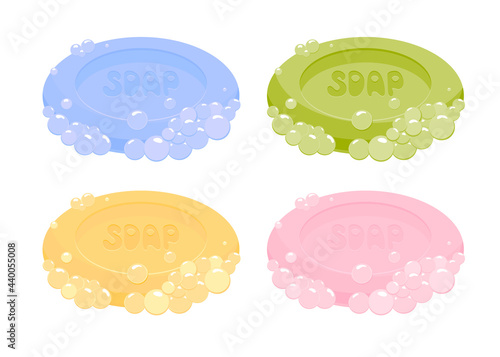 Set of soap with foam isolated on white background. Vector illustration.
