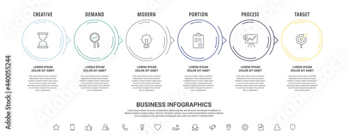 Thin line vector infographics with six circles and arrows. Timeline template with 6 steps for the app, business, website, interface, chart, levels, web, diagram, banner, presentations