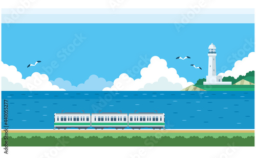 電車と海と灯台のイラスト素材