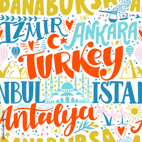 Around the World. TURKEY vector lettering seamless pattern. Country and major cities. Vector illustration (ID: 440055416)