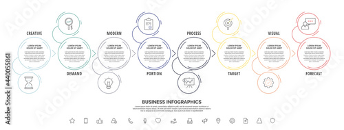 Thin line vector infographics with eight and arrows. Timeline template with 8 steps for the app, business, website, interface, chart, levels, web, diagram, banner, presentations