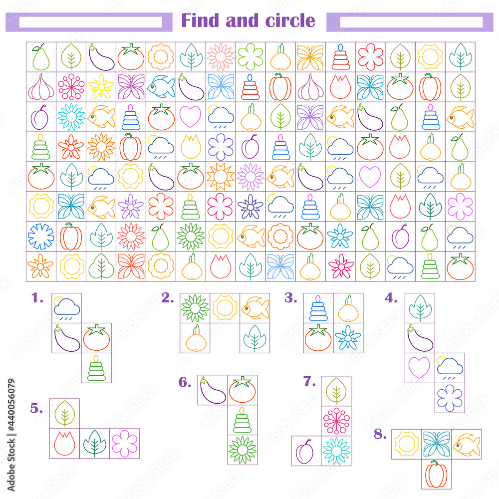 Logic game for children. Development of attention, thinking. Find and circle the fragments shown below Logic game for children. Development of attention, thinking. Find and circle the fragments shown below