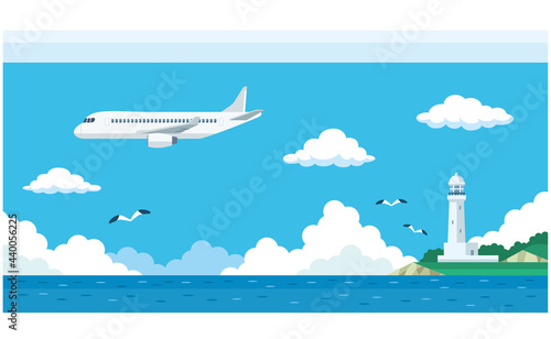 飛行機と海と灯台のイラスト素材