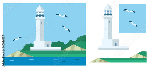 灯台と海とカモメのイラスト素材