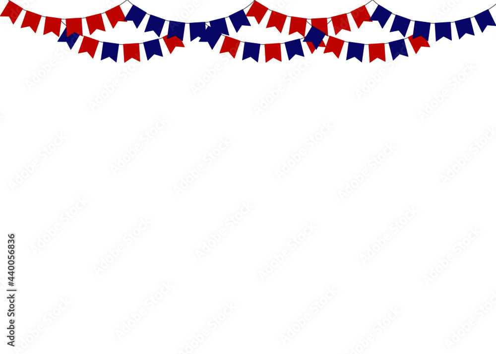 Obraz premium Party decorating concept with red and blue pennants hanging above. Vector illustration with copy space for your text. Greeting or Party invitation with carnival flag garlands.