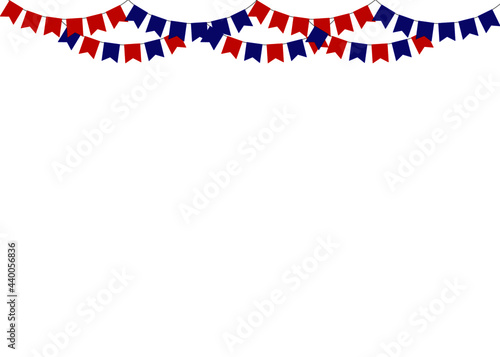 Party decorating concept with red and blue pennants hanging above. Vector illustration with copy space for your text. Greeting or Party invitation with carnival flag garlands.