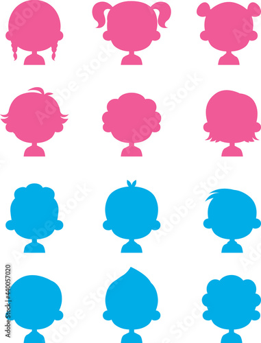 Сhildren characters unknown avatars vector set. Portraits of anonymous kids users black silhouettes of boy and girl on a white background