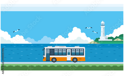 バスと海と灯台のイラスト素材