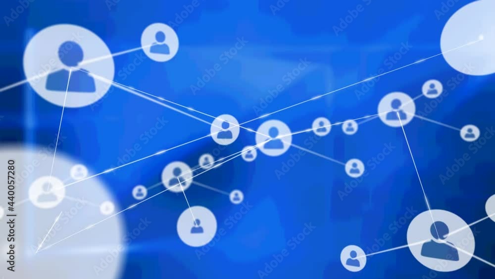 Animation of networks of connections with people icons over blue screens Animation of networks of connections with people icons over blue screens