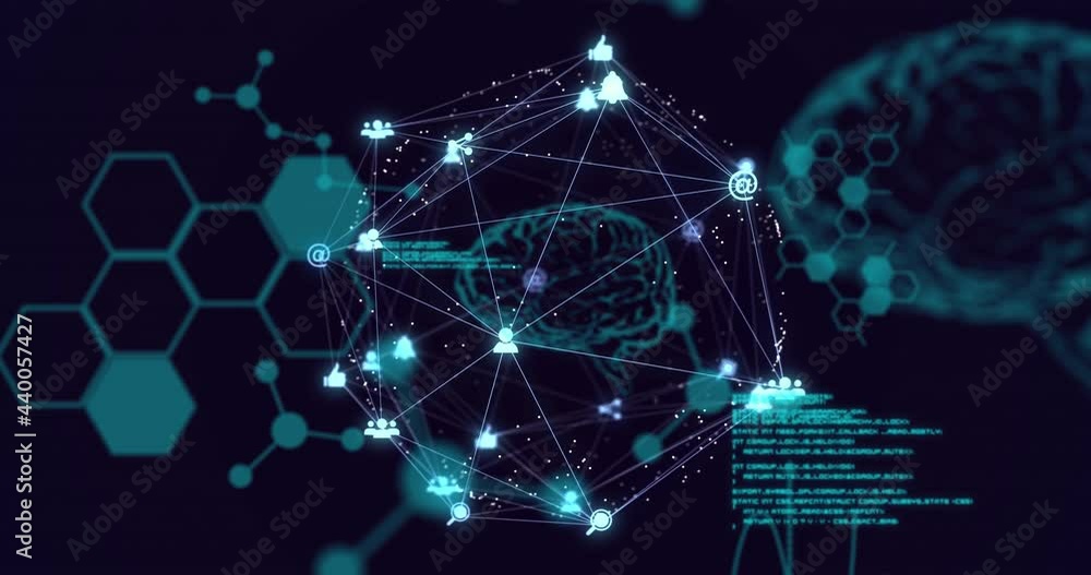 Animation of network of connections with human brain and data processing Animation of network of connections with human brain and data processing