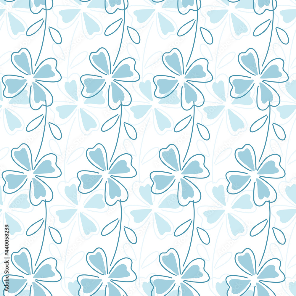 Isolated bloom seamless pattern with blue outline clover leaves shapes. White background. Simple style.