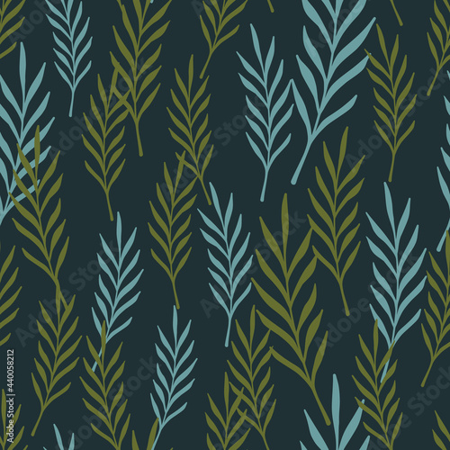 Blue and green random leaf twigs abstract seamless pattern. Dark navy blue background.