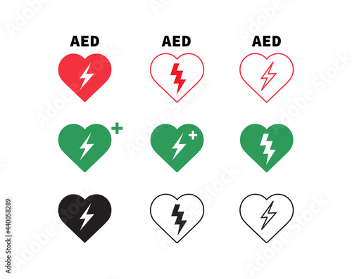 AED vector icon. Emergency defibrillator sign. Set of heart electricity. Vector illustration.