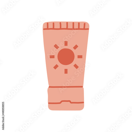 Organic hand drawn skin care summer sunscreen SPF. Sun cream protect graphic design template vector illustration. Sunblock bottle lotion travel flat icon element.