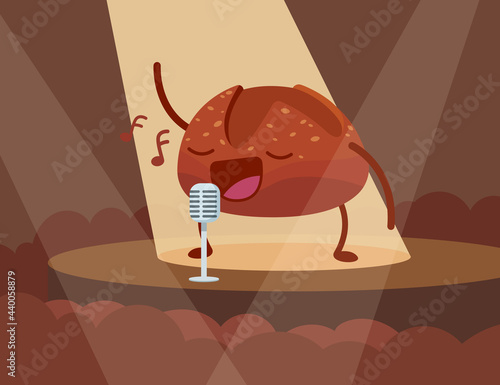 Cute bun character singing into microphone on stage. Bread with eyes and mouth performing for audience in spotlight cartoon vector illustration. Music, entertainment concept