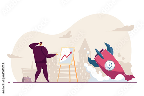 Confused employee facing business failure. Flat vector illustration. Businessman looking at diagram near crushed rocket symbolizing bankrupt or strategy fail. Business, startup, problem concept