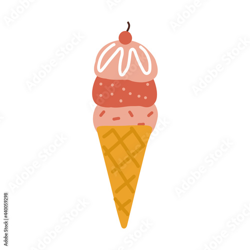 Strawberry ice cream in cone with cherry Illustration