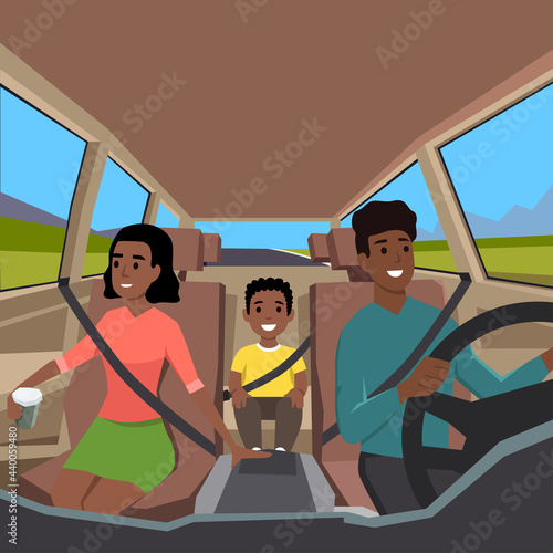 family driving to a road trip. View from interior of the car with father,mother, and their son sitting happily wearing seatbelt. Flat vector illustration