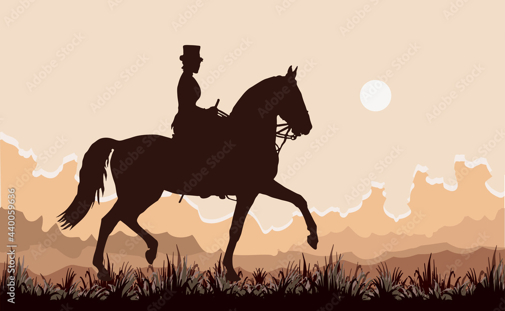 young woman in a woman's saddle riding a black horse young woman in a woman's saddle riding a black horse