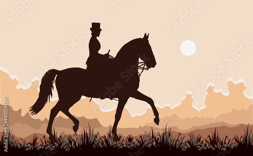 young woman in a woman s saddle riding a black horse