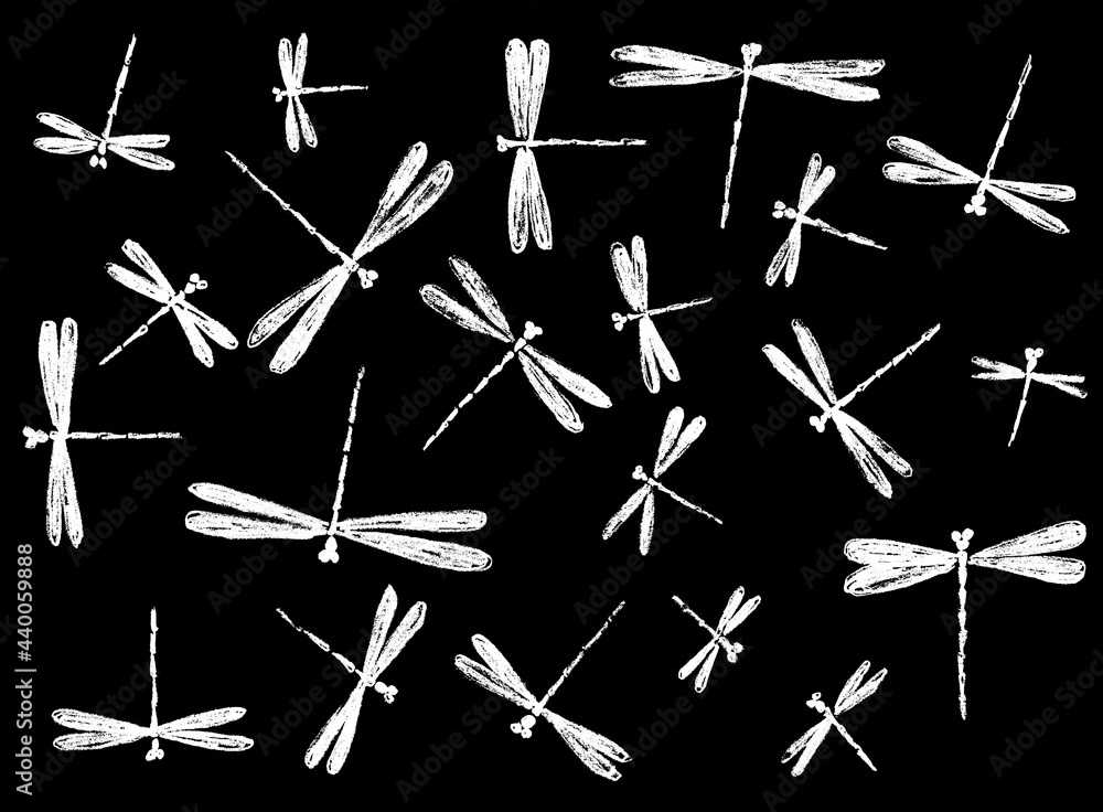 Graphic image of dragonflies in white on a black background Graphic image of dragonflies in white on a black background