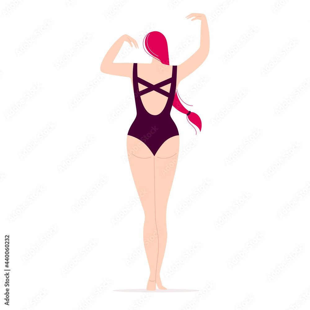 Dancing happy young woman. Disco, sports activity, fitness, movement. Love to yourself and your body. Illustration in flat style isolated on white background Dancing happy young woman. Disco, sports activity, fitness, movement. Love to yourself and your body. Illustration in flat style isolated on white background