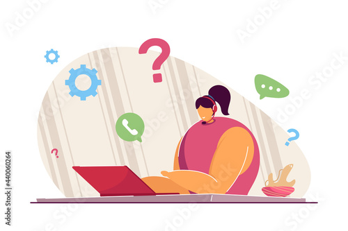 Call center administrator. Flat vector illustration. Female operator providing technical support to customers, answering hotline calls with laptop, headphones. Service, help, management concept