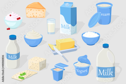 A set of dairy products on a gray background.Illustrations of milk, cottage cheese, butter, sour cream, cream, cheese and yogurt.Illustrations in a hand-drawn style.Fresh farm products.