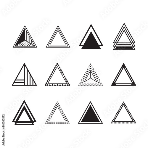 Black silhouette and line equilateral triangles motifs and icons set on white background photo