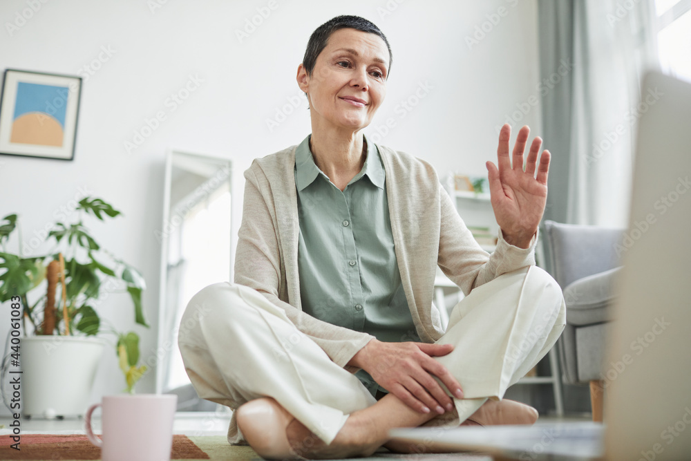 Low angle view at smiling mature woman waving hello during video call via laptop in cozy home setting, copy space Low angle view at smiling mature woman waving hello during video call via laptop in cozy home setting, copy space