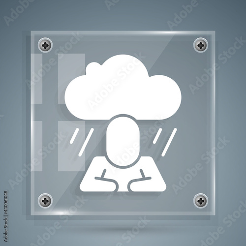 White Depression and frustration icon isolated on grey background. Man in depressive state of mind. Mental health problems. Square glass panels. Vector