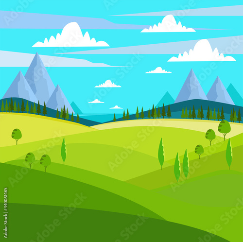 Beautiful summer landscape. Meadows, fields, mountains, and the sea.