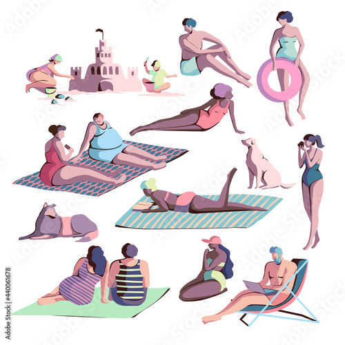 People and dogs on the beach colorful vector set