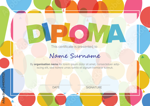 Child diploma certificate template with color baloons