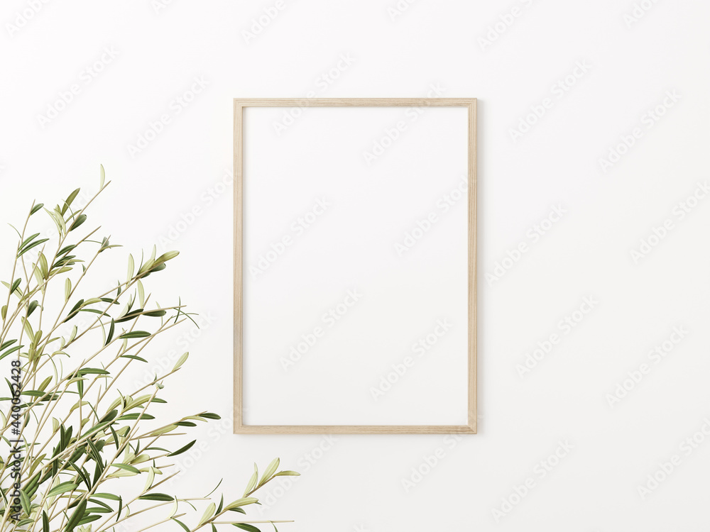 Simple vertical wooden frame mockup with green olive tree branches on empty white wall background. A4, A3, A size, 3D rendering, illustration Simple vertical wooden frame mockup with green olive tree branches on empty white wall background. A4, A3, A size, 3D rendering, illustration