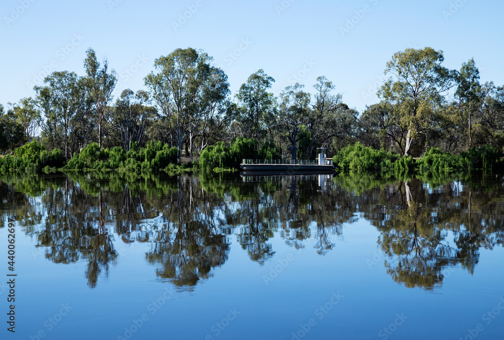 gum trees and barge reflected on still river gum trees and barge reflected on still river