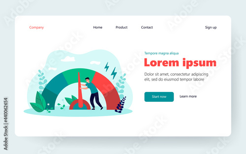 Tiny tired man reducing stress level flat vector illustration. Cartoon employee struggling with arrow of crisis measure. Business lifestyle and emotional overload concept