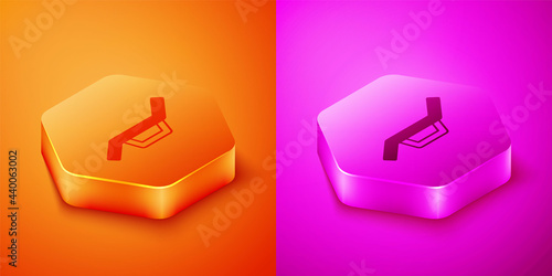 Isometric Sunbed icon isolated on orange and pink background. Sun lounger. Hexagon button. Vector