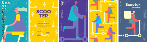 Electric scooter. Set of flat vector illustrations. City transport, simple background image. Man rides a scooter. Patterns.  Ideal for banner, poster or flyer.