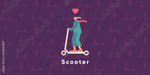 Electric scooter. Set of flat vector illustrations. City transport, simple background image. Man rides a scooter. Patterns.  Ideal for banner, poster or flyer.
