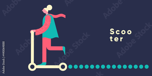 Electric scooter. Set of flat vector illustrations. City transport, simple background image. Man rides a scooter. Patterns.  Ideal for banner, poster or flyer.